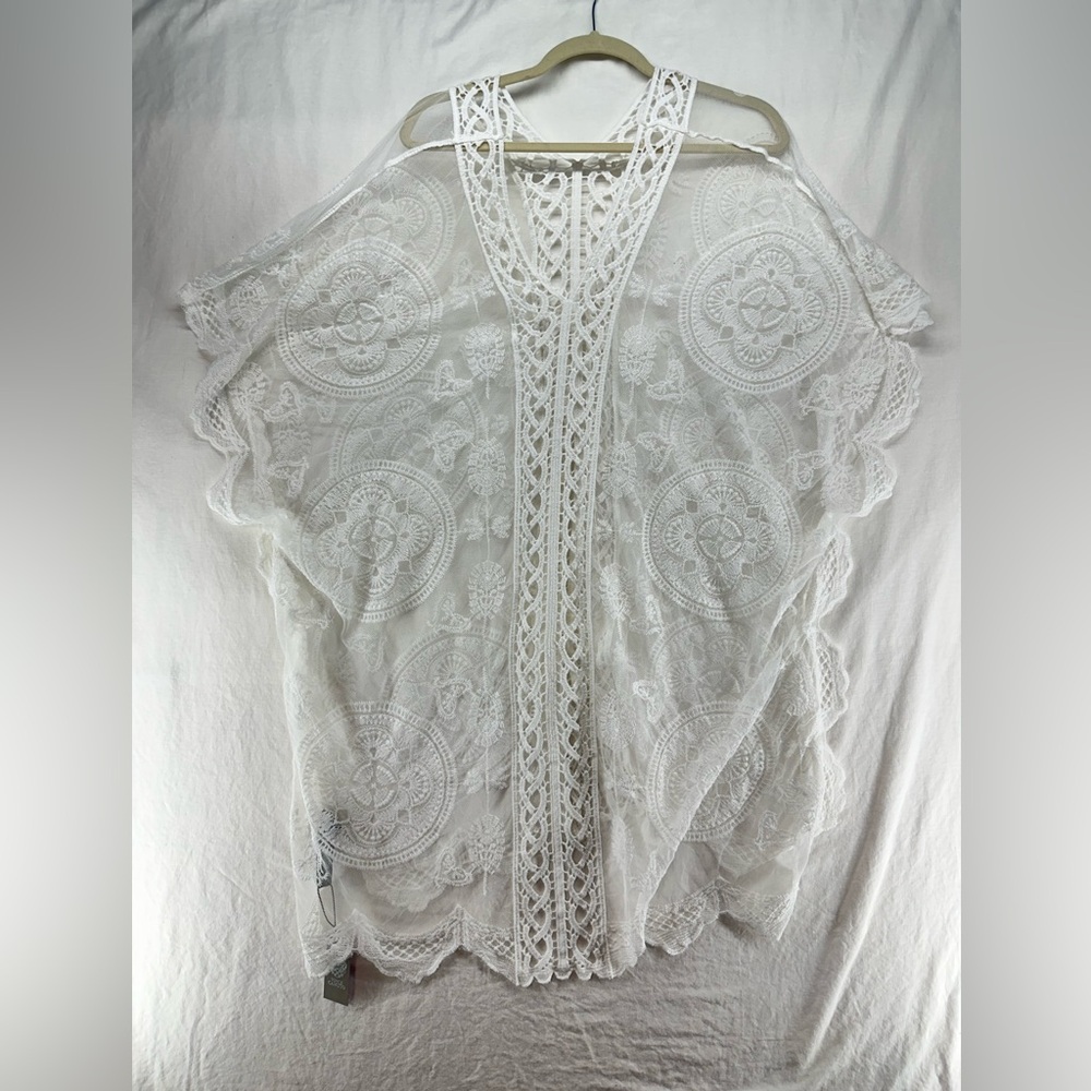 Vince Camuto Crochet Embroidered Lace Open Knit Mesh  Cover Up Tunic Kimono OS - Picture 2 of 12
